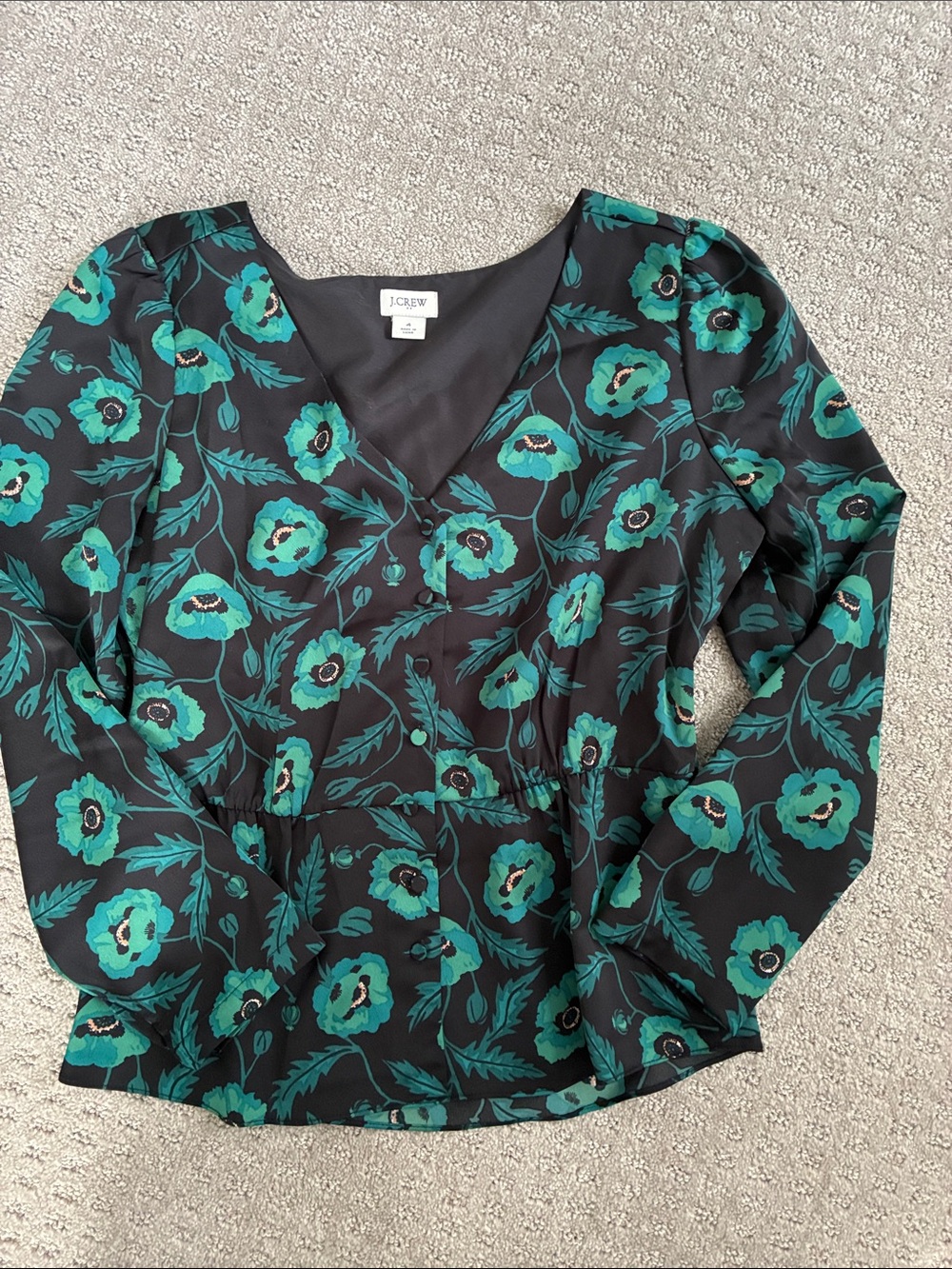 J. Crew Black & Teal Floral V-Neck Long Sleeve Blouse